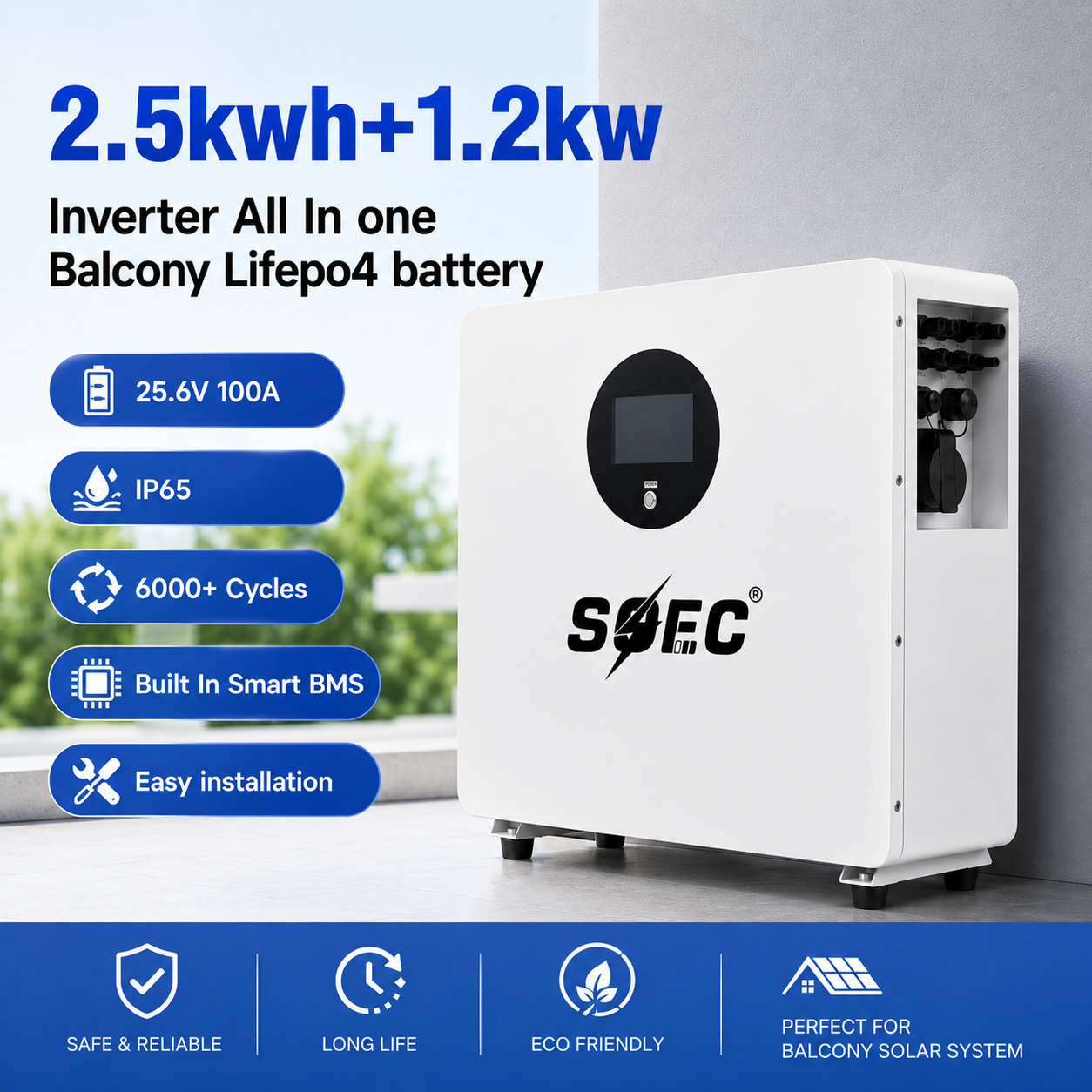 SOEC 2.5kWh Balcony Power Plant With 1.2kw Inverter Solar Storage All-in-One System - Residential Solar ESS IP65 Outdoor Battery