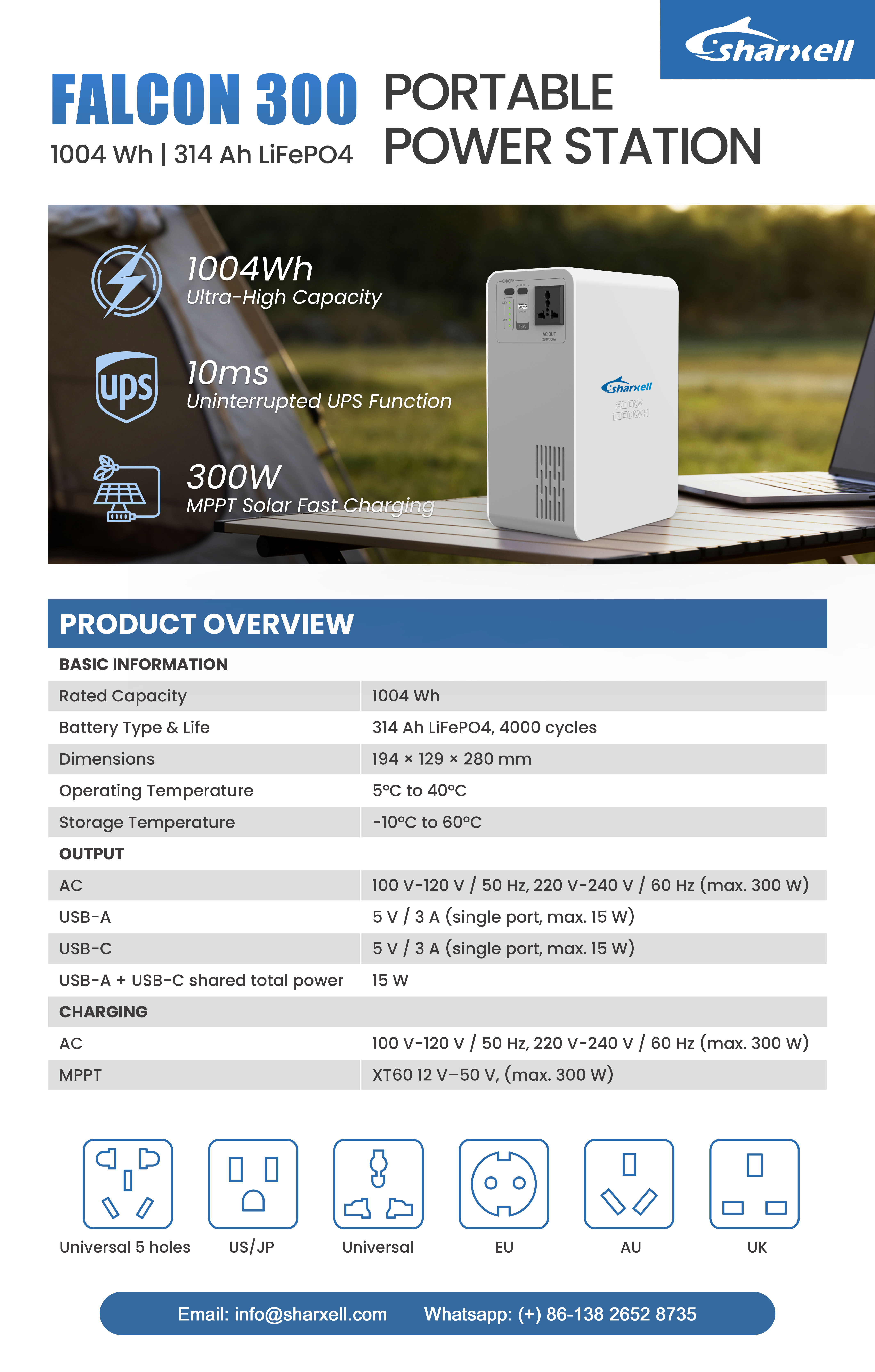 FALCON 300 300W 1004Wh LiFePO4 Portable Power Station Solar Generator for Outdoor Camping Home Backup