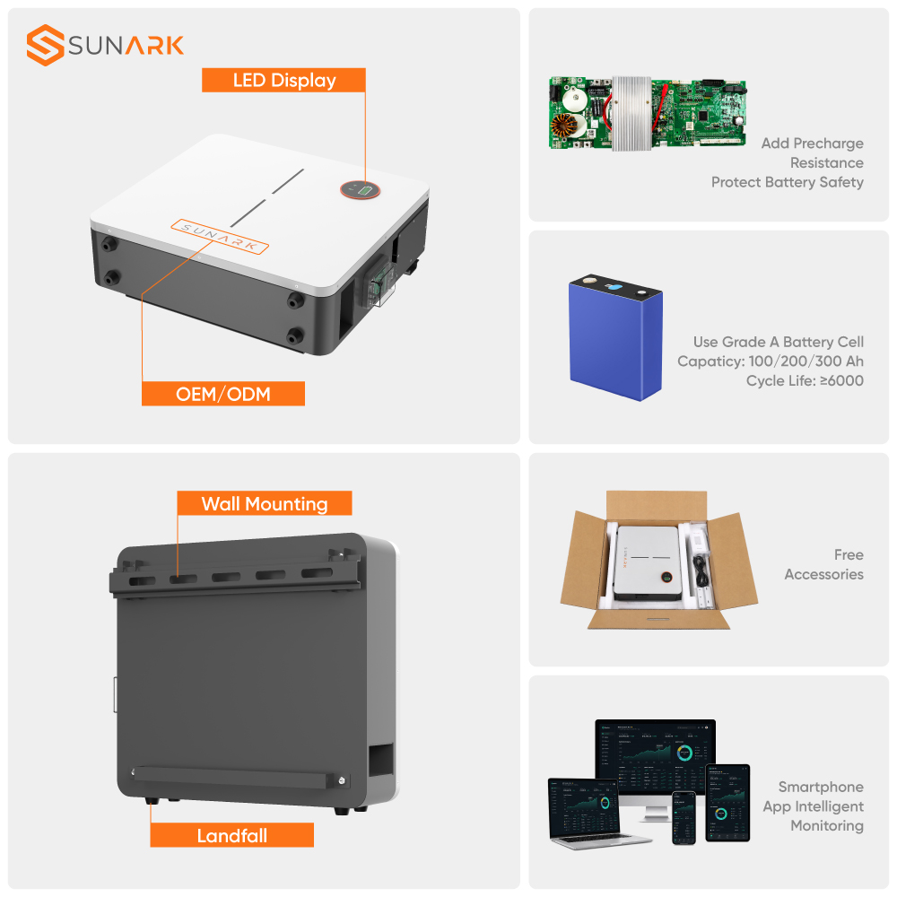 SunArk Lithium Battery 48V 100Ah 200Ah 300Ah 10Kw Home Energy Storage Battery Wall Mounted Power Lifepo4 Hybrid Batterie Solaire