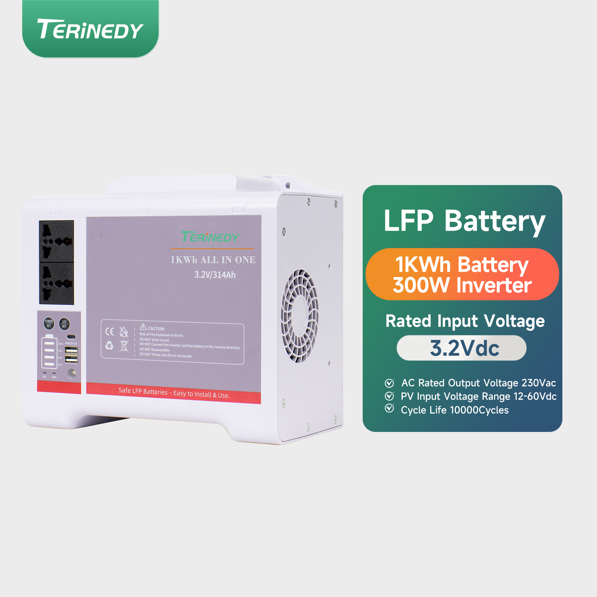 Solar Portable 300W Inverter 1kWh LiFePO4 Battery Hybrid Grid-Tied All-in-One Solar Energy Storage Inverter with Battery