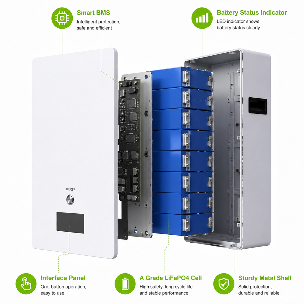 Wall Mounted Solar Lifepo4 Lithium Batteries 48V 51.2V 100Ah 200Ah 5kWh 10kWh 15kWh 16kWh Lifepo4 Lithium Power Wall Battery