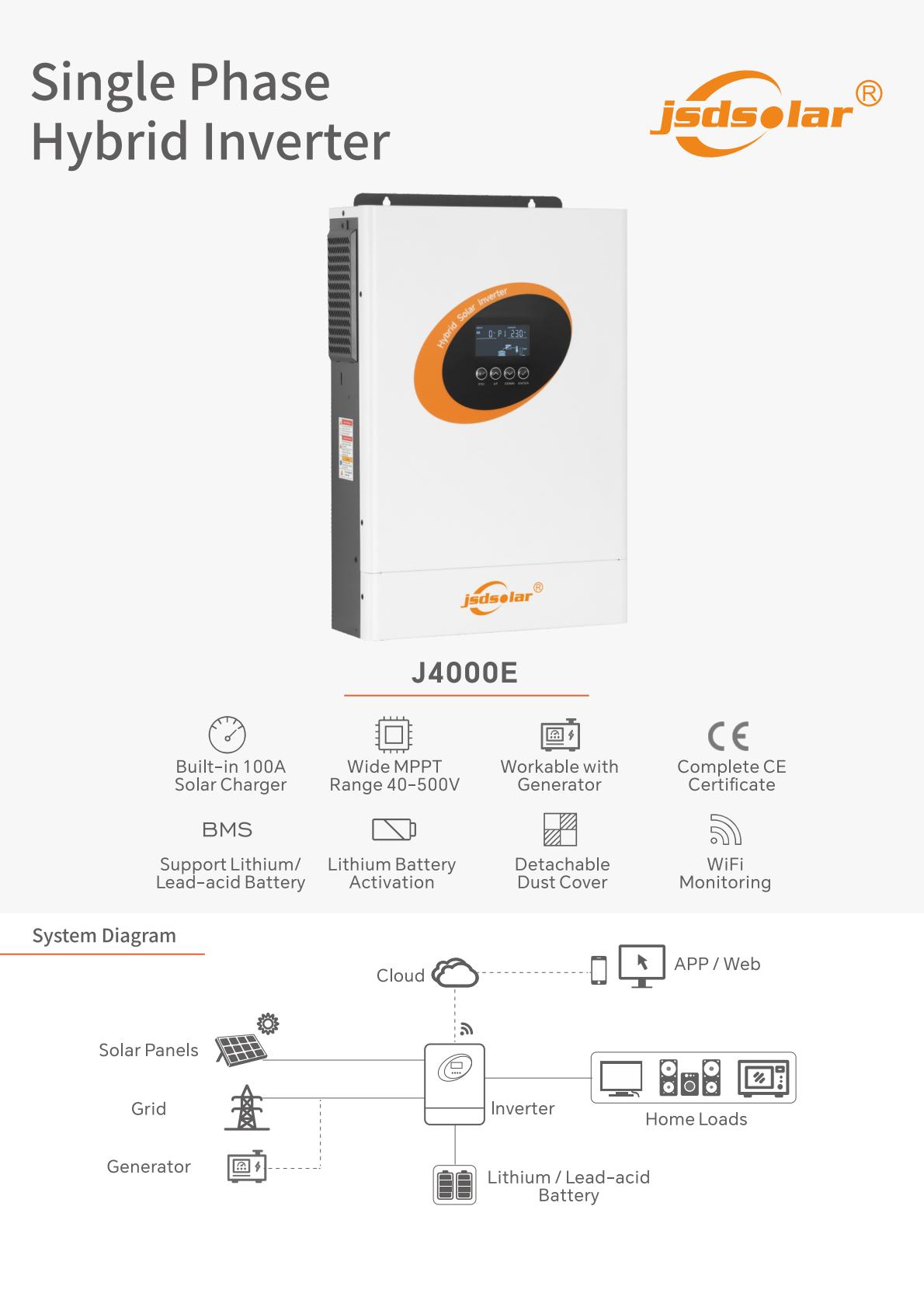 JSDSOLAR 4kW 5kW 10kW Hybrid Solar Inverter LCD DC AC Hybrid Solar Energy Storage Inverter for Home Use
