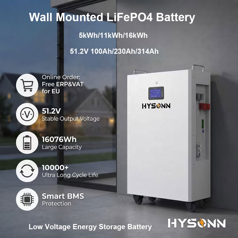 Hysonn 51.2V 100Ah 230Ah 314Ah Wall Mounted LiFePO4 Battery 5kWh 11kWh 16kWh Inverter Compatible Solar Home Storage DDP VAT Free