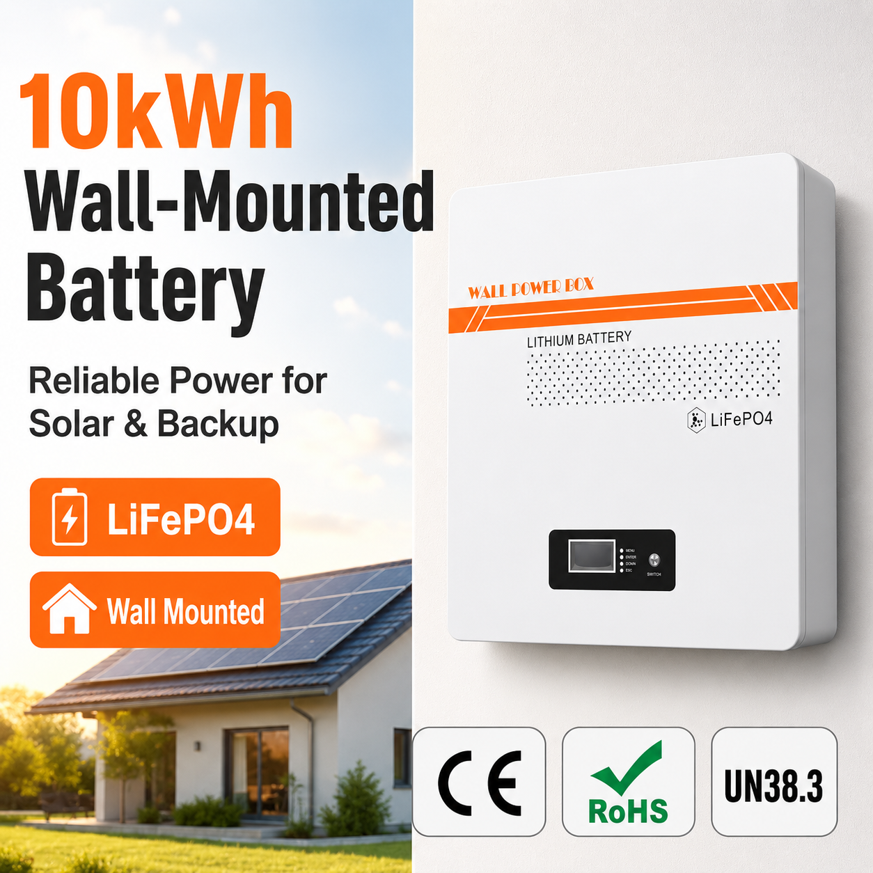51.2V 10kWh LiFePO4 Wall-Mounted Solar Battery Pack with BMS for Home Energy Storage 10-20kW Output 6000 Cycles