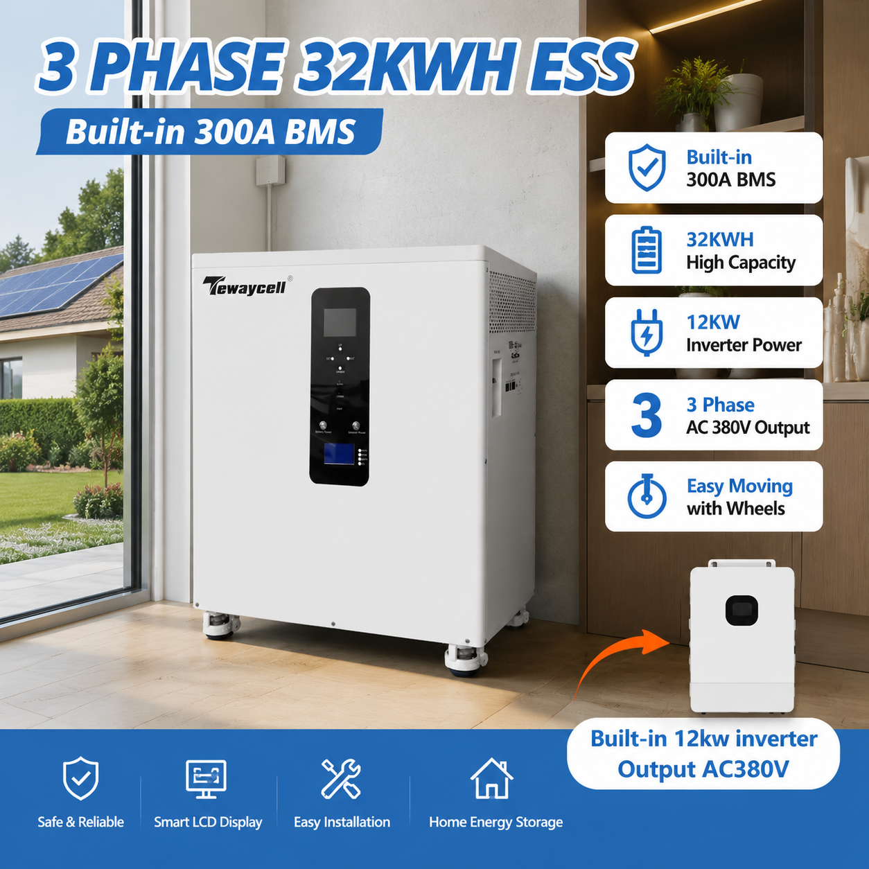 32kWh 3 Phase All in One Solar Energy Storage System 12kW Inverter 380V AC Output 300A BMS LiFePO4 Battery for CAN Grid