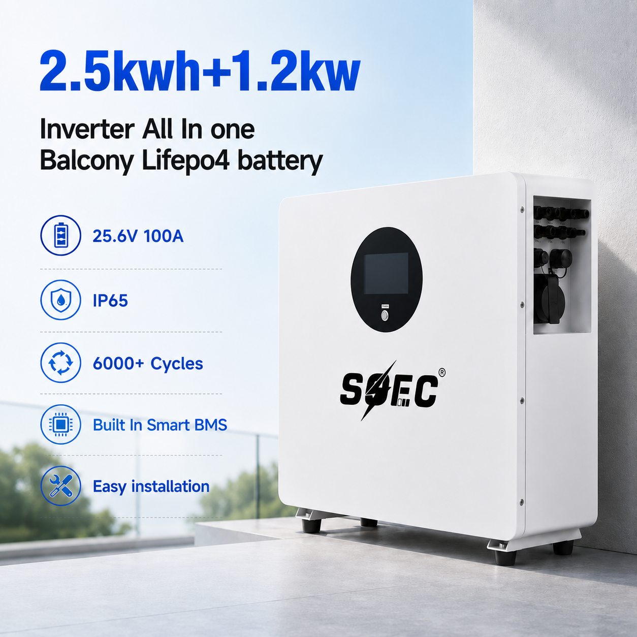 SOEC 2.5kWh 1.5kW Inverter Balcony Energy Storage System All-in-One LiFePO4 Battery IP65 Waterproof Home Solar Power Station
