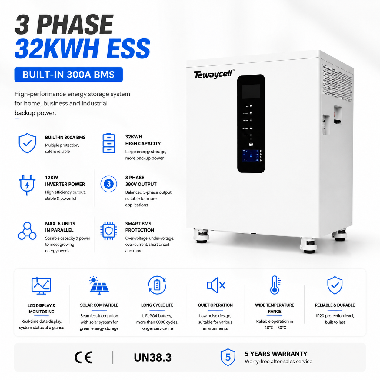 32kWh 3 Phase All in One Solar Energy Storage System 12kW Inverter 380V AC Output 300A BMS LiFePO4 Battery for CAN Grid