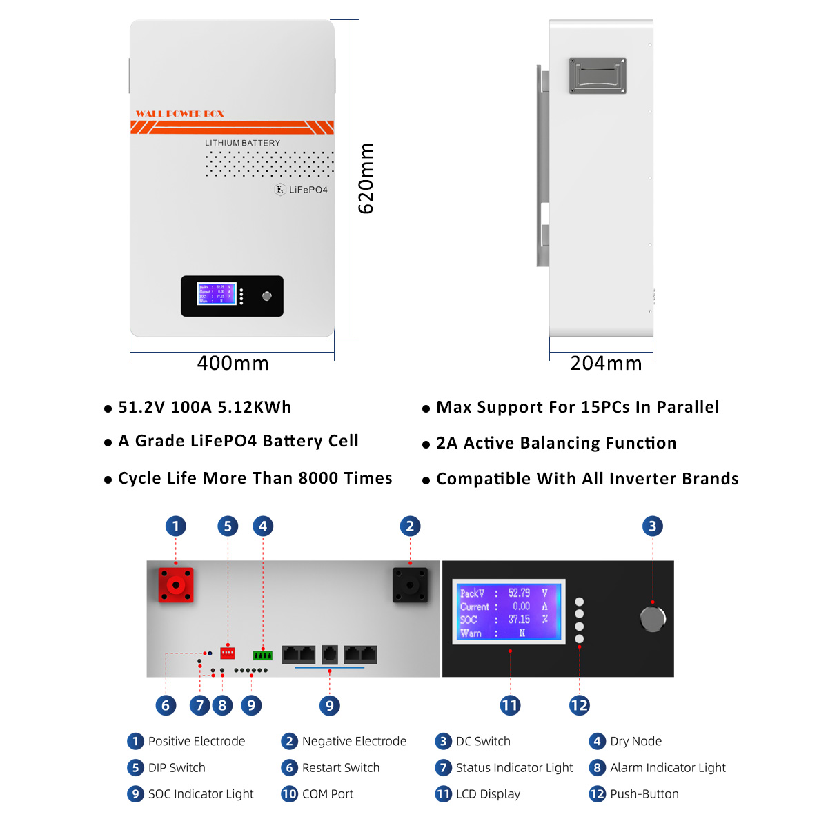 Sunpok 5kWh 10kWh Lifepo4 Battery 48V Powerwall 10kwh Battery 51.2V 100Ah 200Ah 48v Lithium Ion Batteries