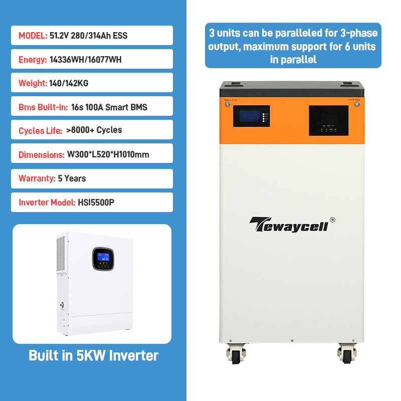 Tewaycell All In One 51.2V 314Ah 628Ah 16KWH 32KWH With 5kw/10kw/12kw Inverter Solar Power Energy Storage System