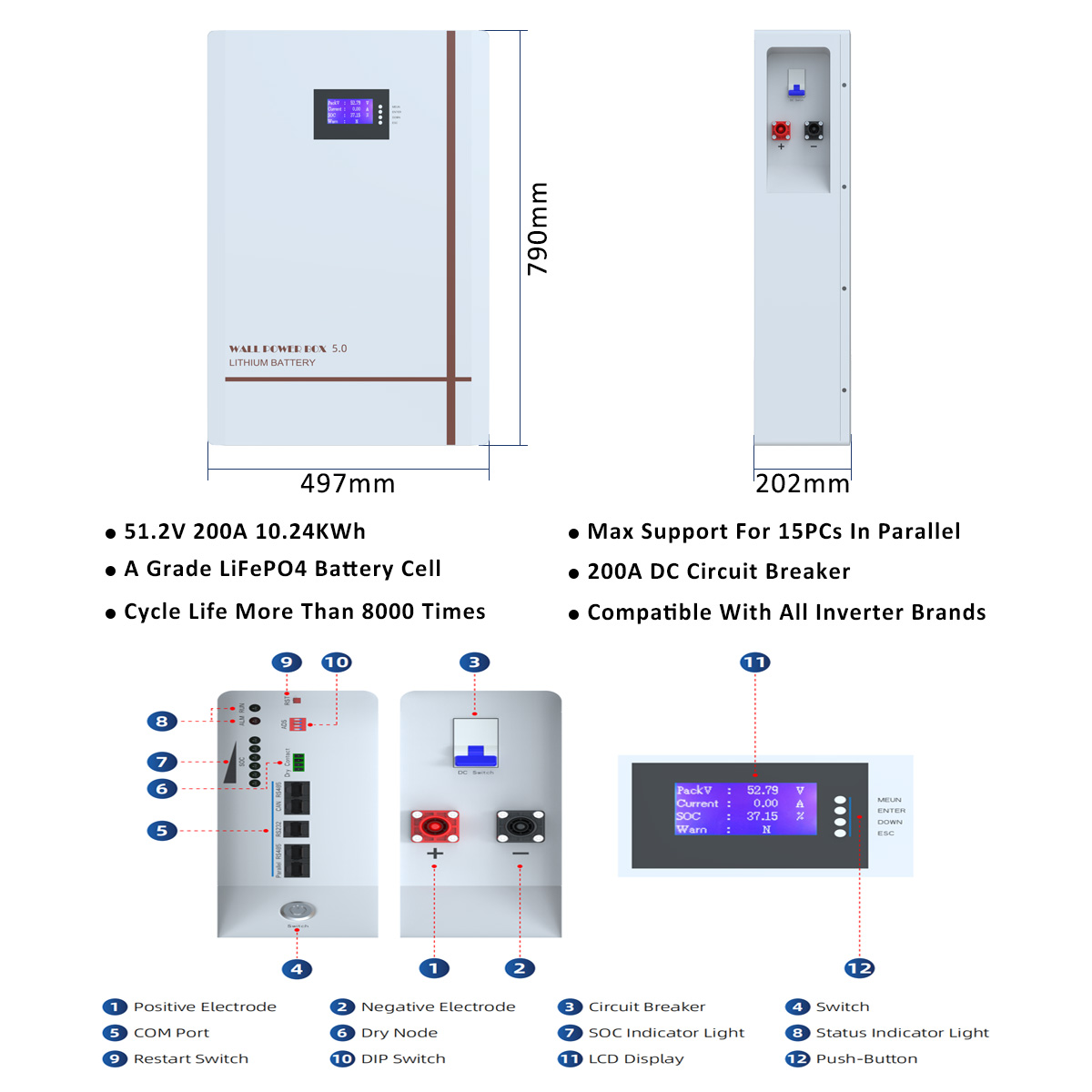 Sunpok Split Hybrid Grid Solar Wall-Mounted Home Storage Battery 48V/51.2V 5kWh 10kWh 100Ah 200Ah Lithium Lifepo4 Energy System