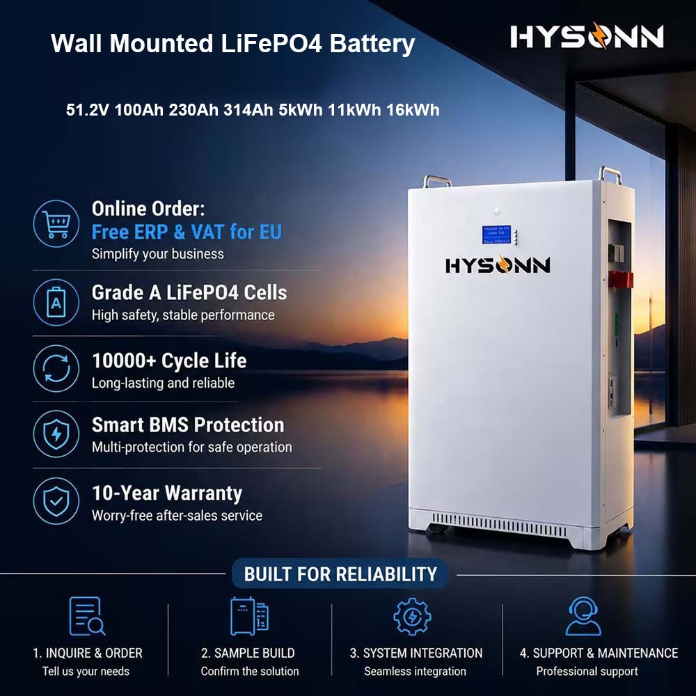 Hysonn 51.2V 100Ah 230Ah 314Ah Wall Mounted LiFePO4 Battery 5kWh 11kWh 16kWh Inverter Compatible Solar Home Storage DDP VAT Free