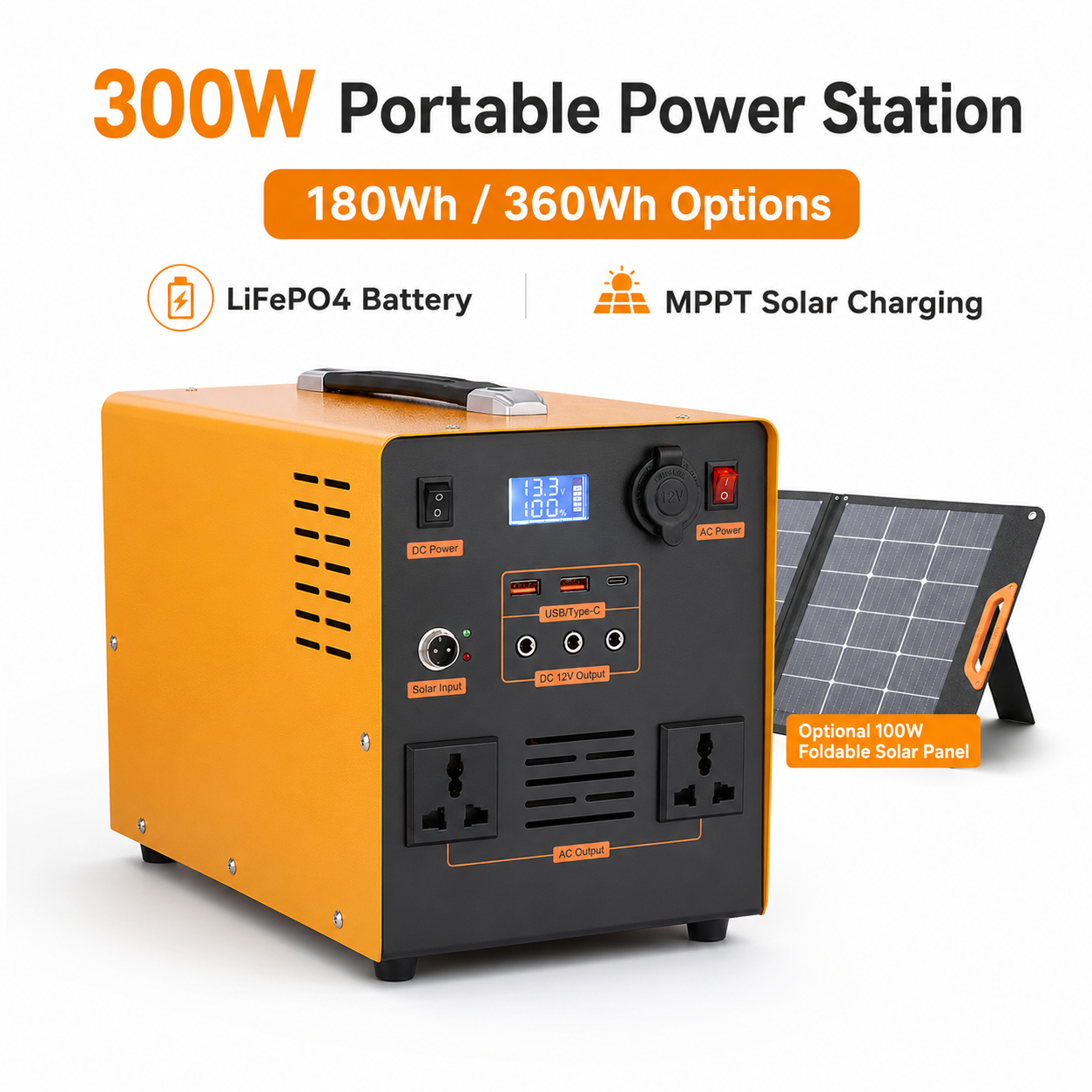 OEM ODM 300W LiFePO4 Portable Power Station 180Wh/360Wh Solar Generator for Camping RV Emergency Backup