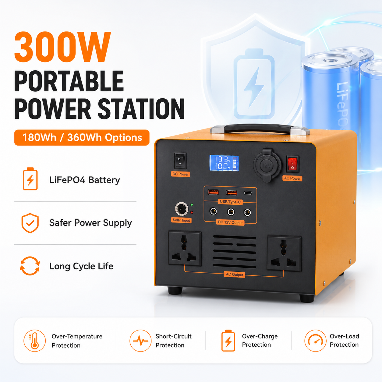 OEM ODM 300W LiFePO4 Portable Power Station 180Wh/360Wh Solar Generator for Camping RV Emergency Backup