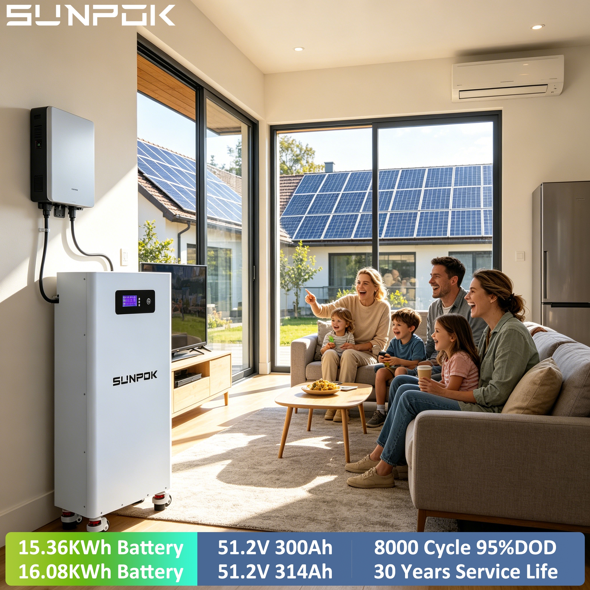 SUNPOK 51.2V 280Ah 300Ah 314Ah Lithium Ion Battery Pack 16Kwh 15Kwh Home Energy Storage System 48V LiFePO4 Battery