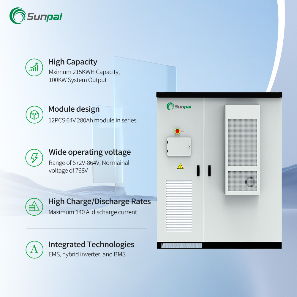 Sunpal Hybrid Solar Energy Storage System Stackable Lithium Ion Batteries 100kWh 215kWh With Hybrid Solar Inverter 3 Phase 100kW