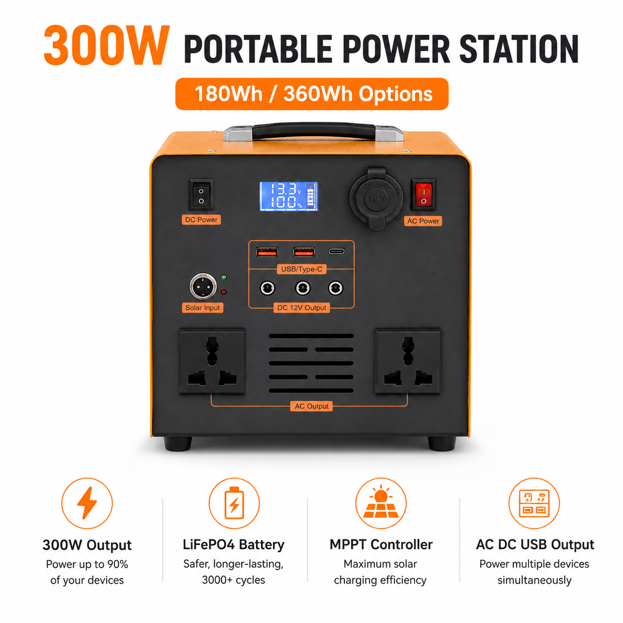 OEM ODM 300W LiFePO4 Portable Power Station 180Wh/360Wh Solar Generator for Camping RV Emergency Backup