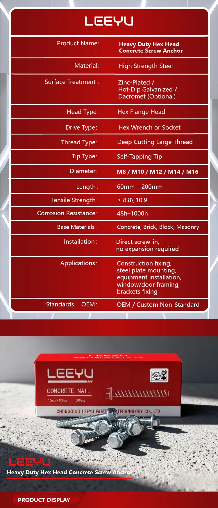 Heavy Duty Concrete Screw Anchor Details