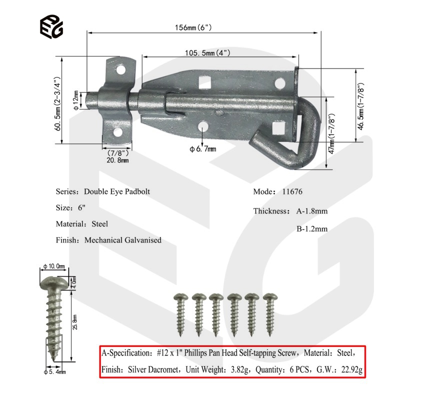 Weatherproof 6" Single Eye Gate Bolt with Zinc Finish for Outdoor Fences, Gates