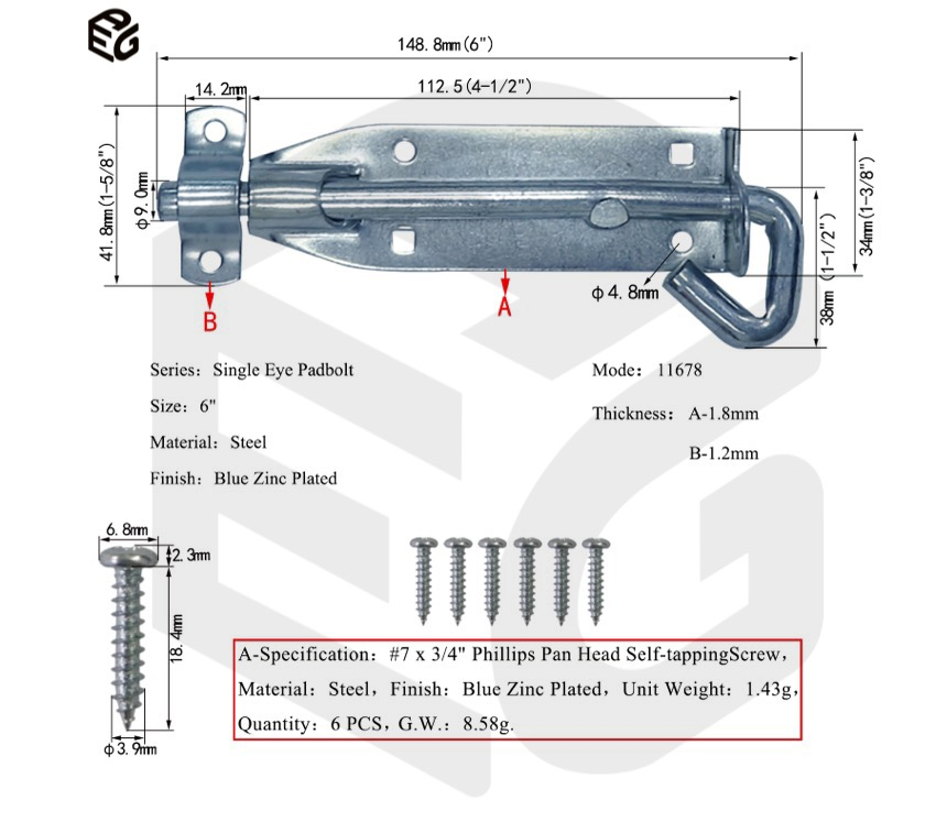 Weatherproof 6" Single Eye Gate Bolt with Zinc Finish for Outdoor Fences, Gates