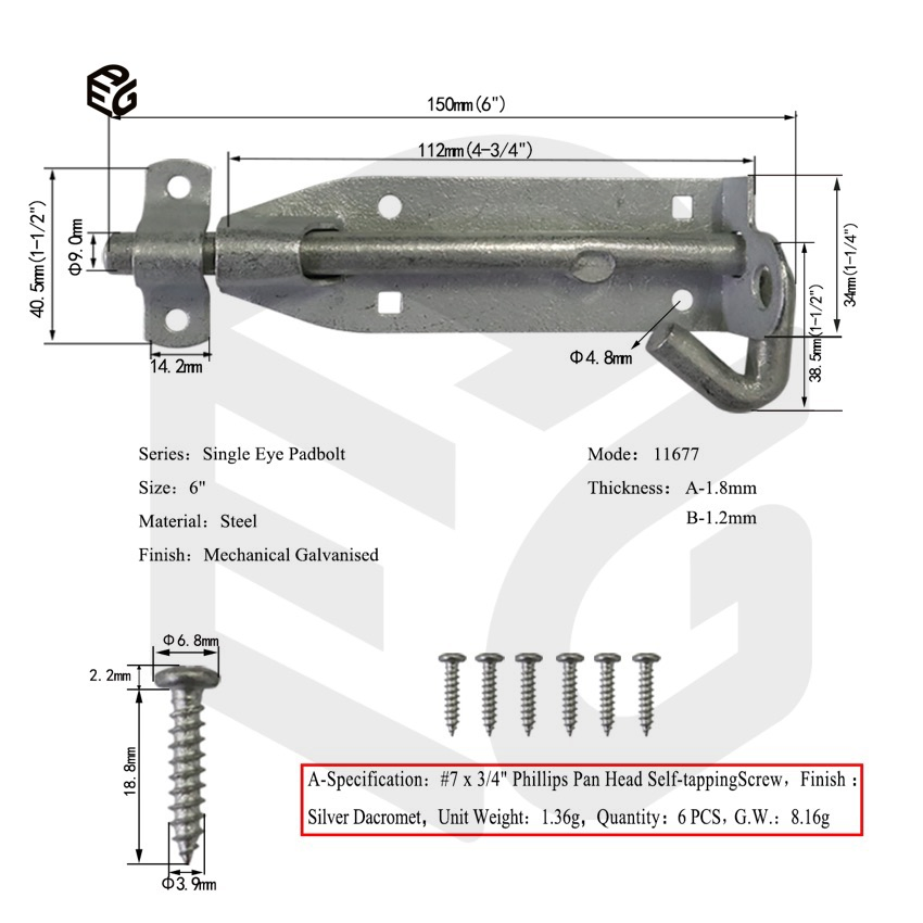 Weatherproof 6" Single Eye Gate Bolt with Zinc Finish for Outdoor Fences, Gates