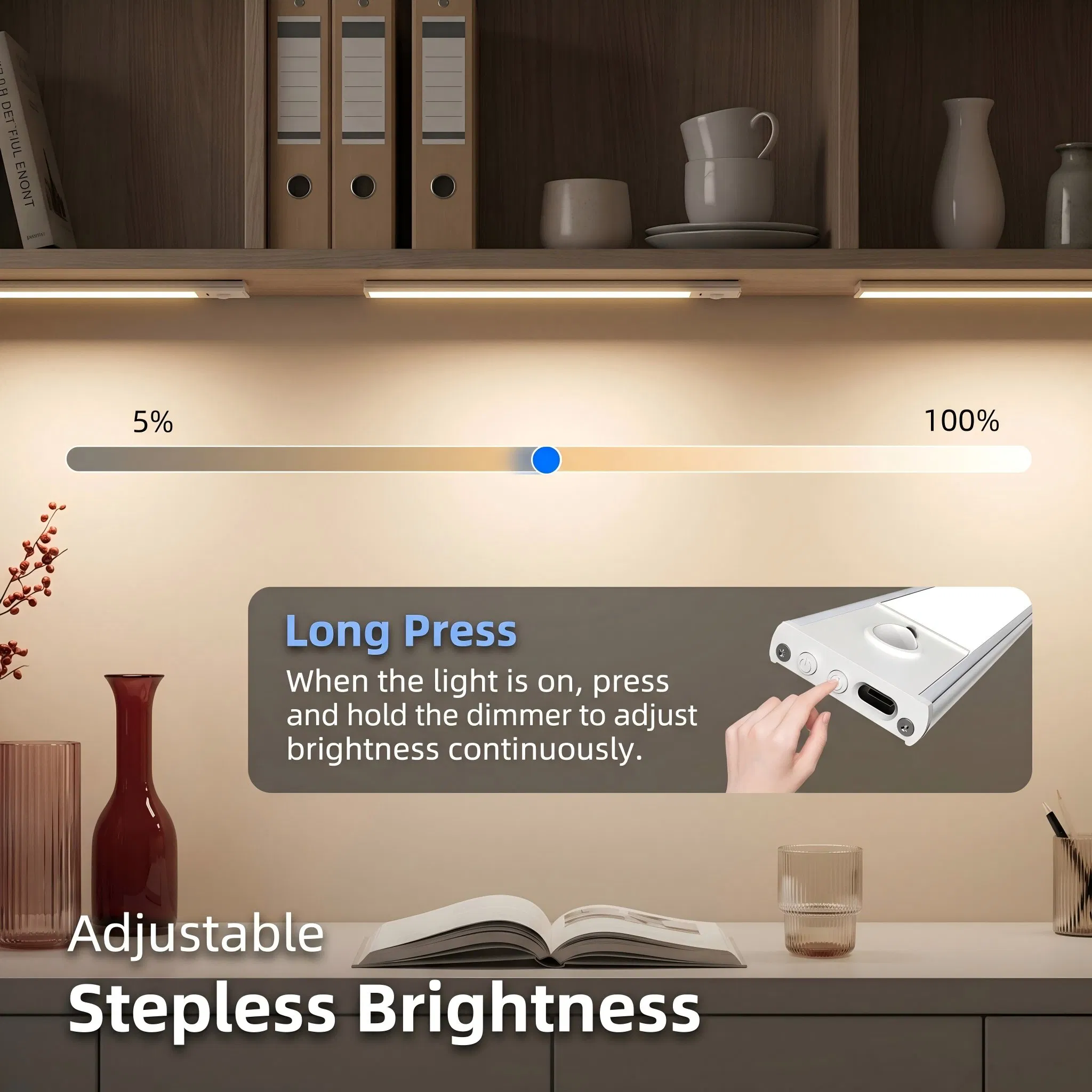Iluminação de Armário Sob a Prateleira Dimmable LED com Sensor de Movimento Recarregável Colorido Ultra Fina para Cozinha 5V USB 5