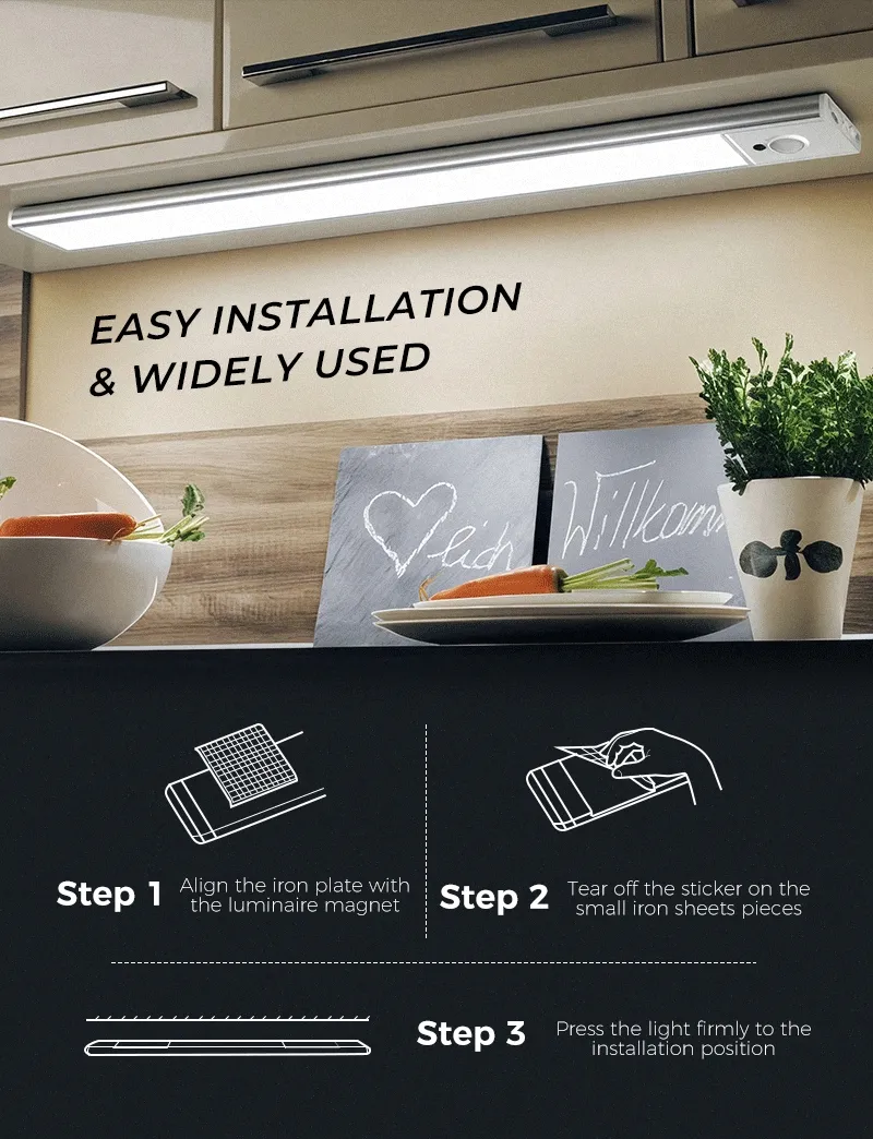 Iluminação de Armário Sob a Prateleira Dimmable LED com Sensor de Movimento Recarregável Colorido Ultra Fina para Cozinha 5V USB 5