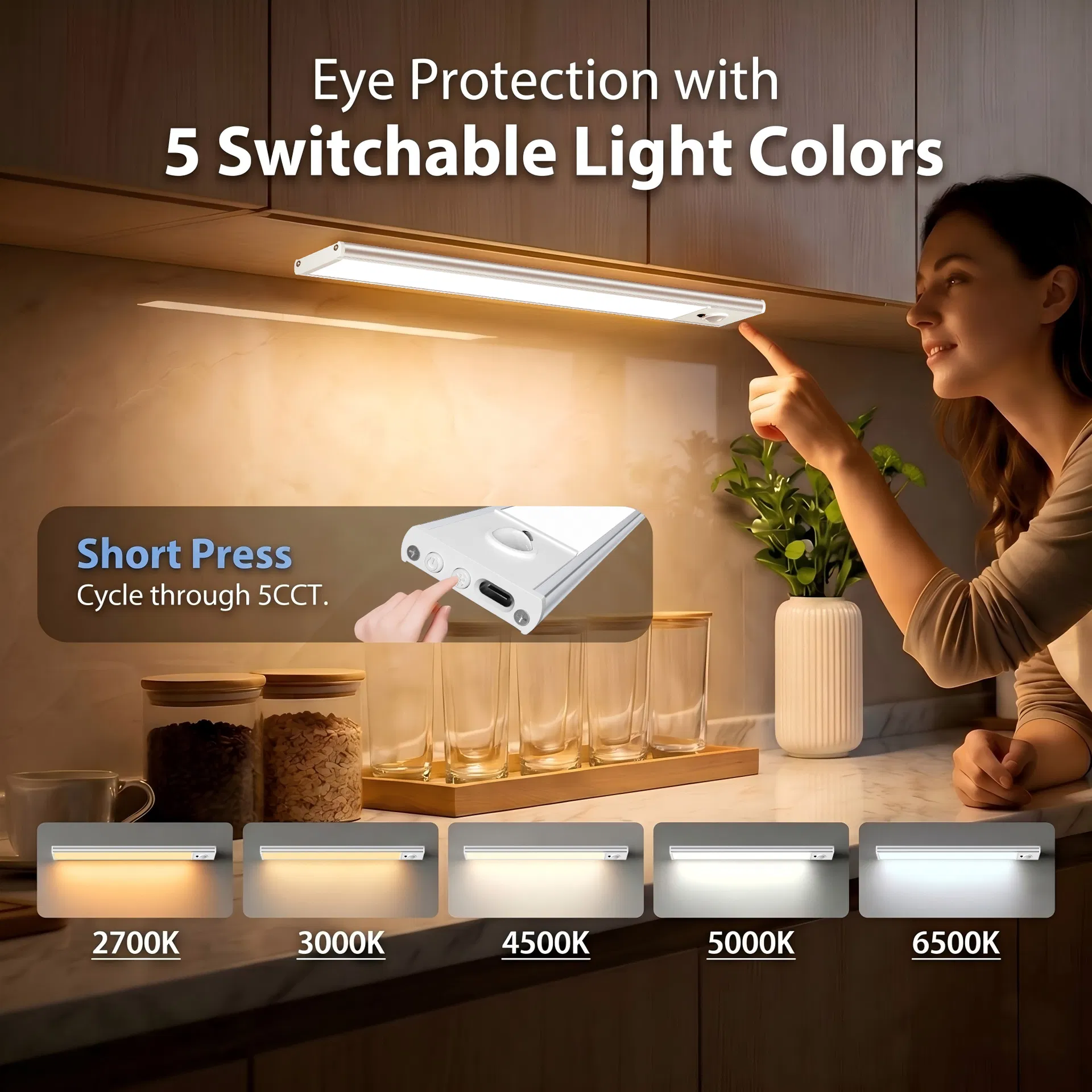 Iluminação de Armário Sob a Prateleira Dimmable LED com Sensor de Movimento Recarregável Colorido Ultra Fina para Cozinha 5V USB 5