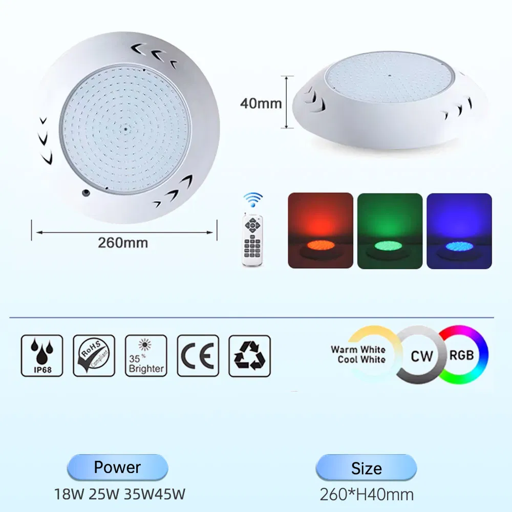 Luz de Piscina Dimmable à Prova d'Água em ABS Montada na Parede para Paisagismo de Piscina Exterior IP68 com Luz Quente RGB