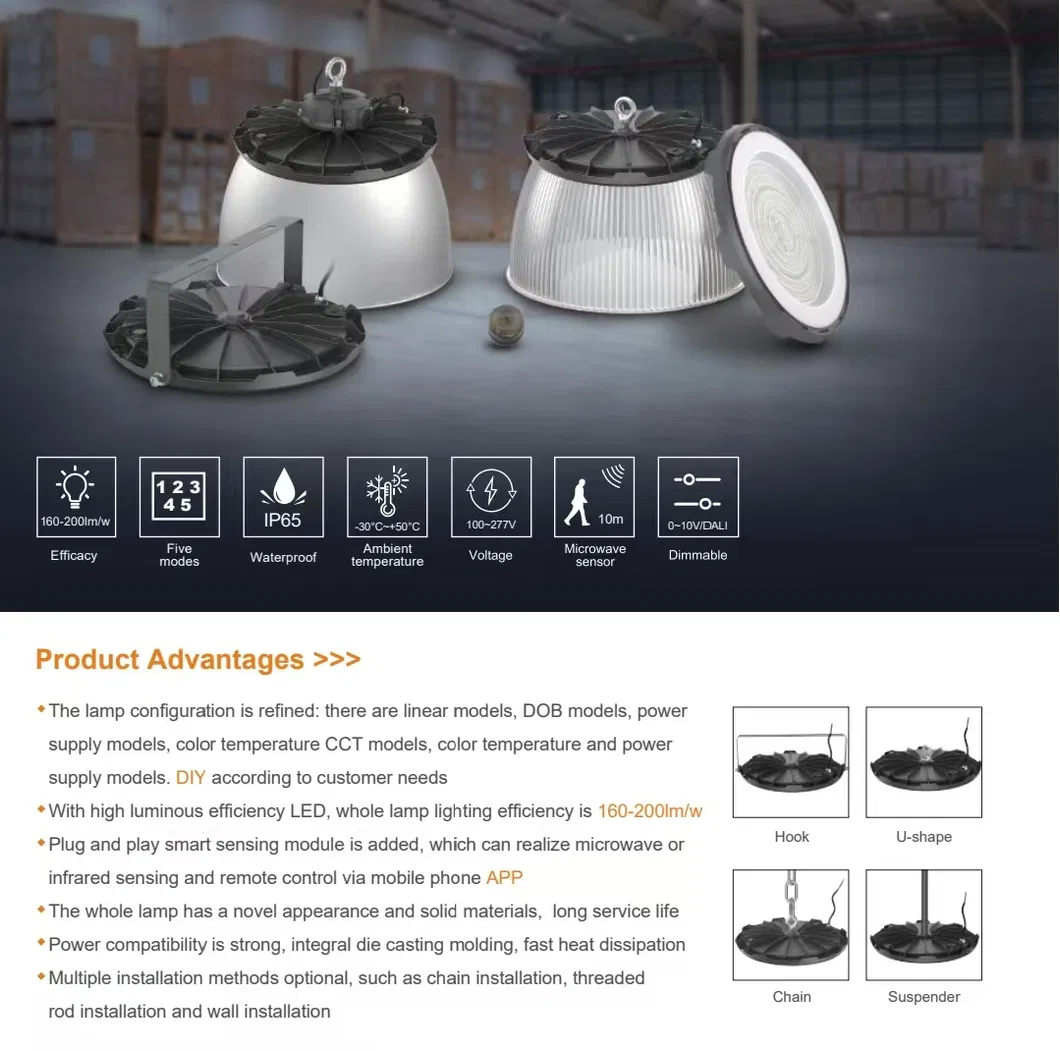 Lâmpada de Mineração Industrial UFO Alta Bay Chandelier para Oficina Armazém Luminária de Teto em LED Disco Voador 100W 150W 200W