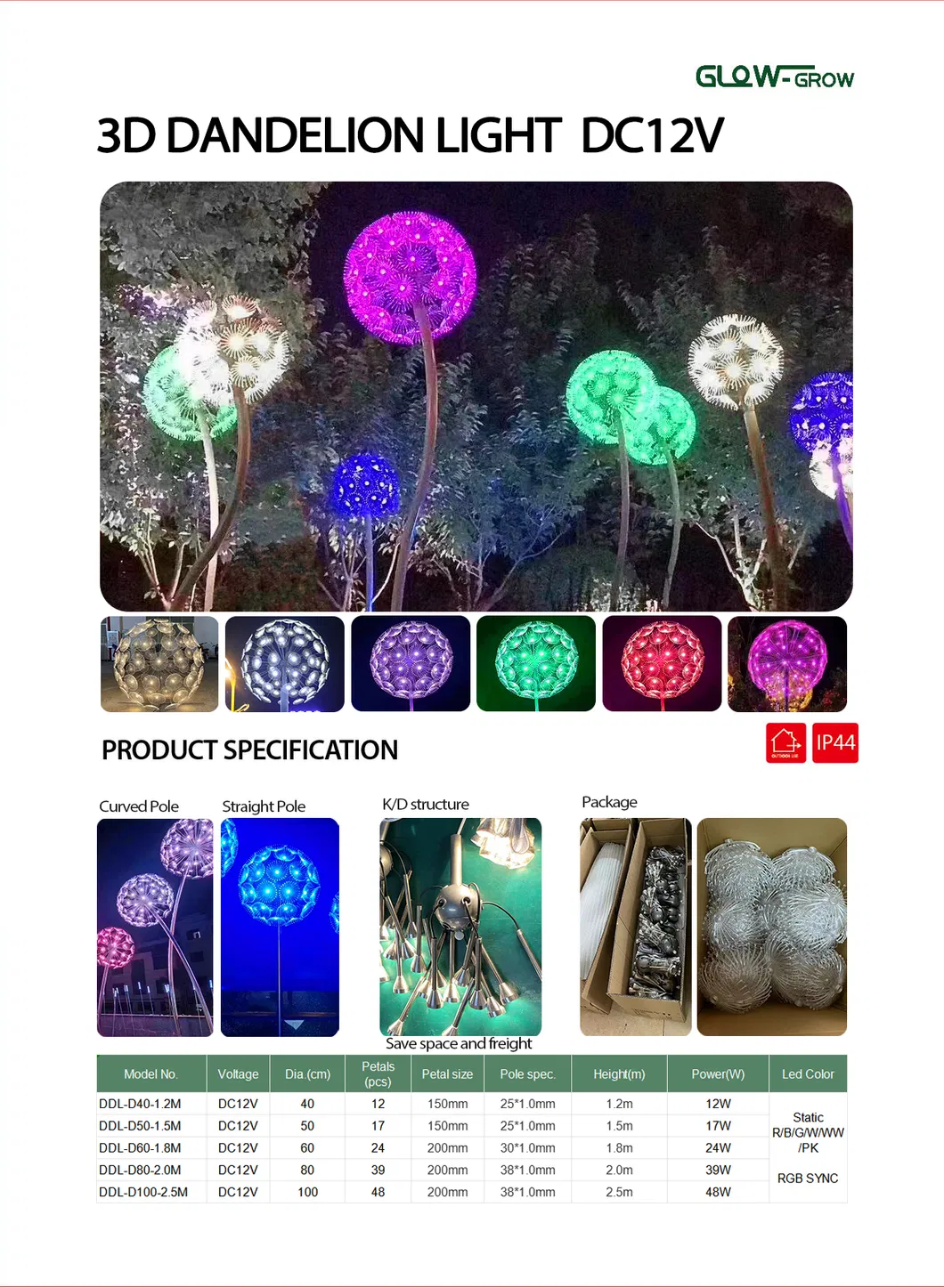 Projeto 3D Lâmpada de Luz de Pólo com Motivo de Dente de Leão em RGB para Evento, Decoração de Natal e Feriados