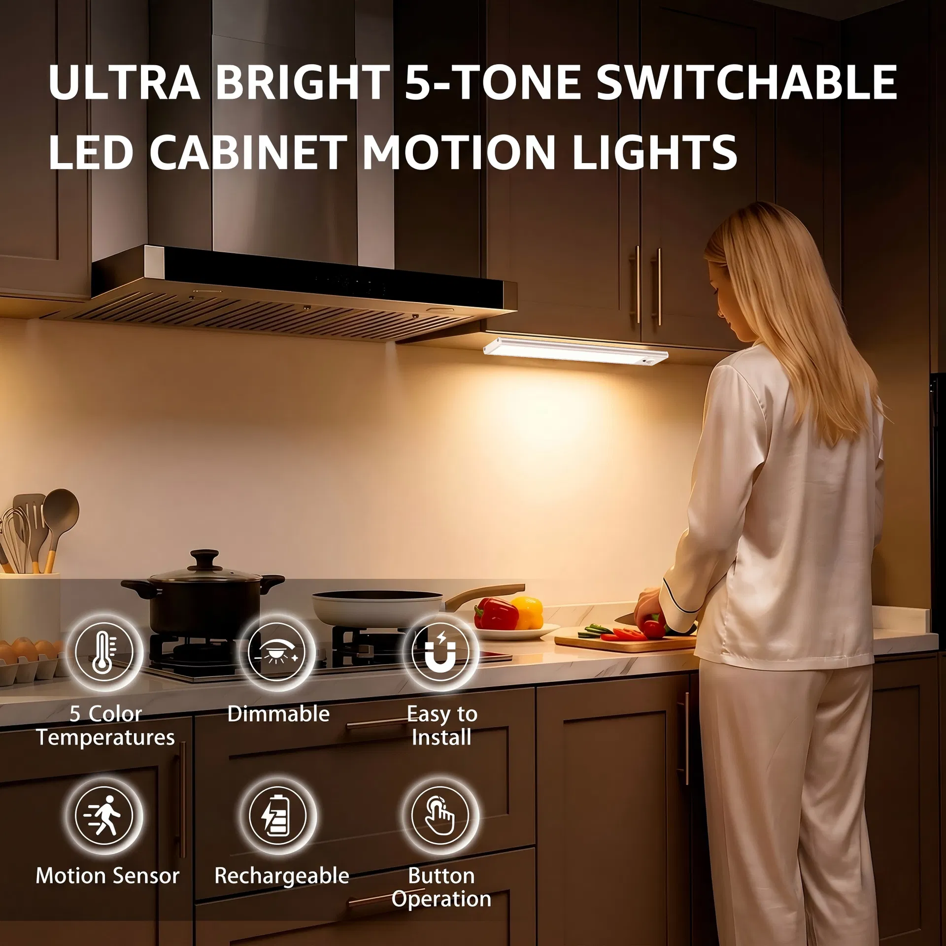 Iluminação de Armário Sob a Prateleira Dimmable LED com Sensor de Movimento Recarregável Colorido Ultra Fina para Cozinha 5V USB 5