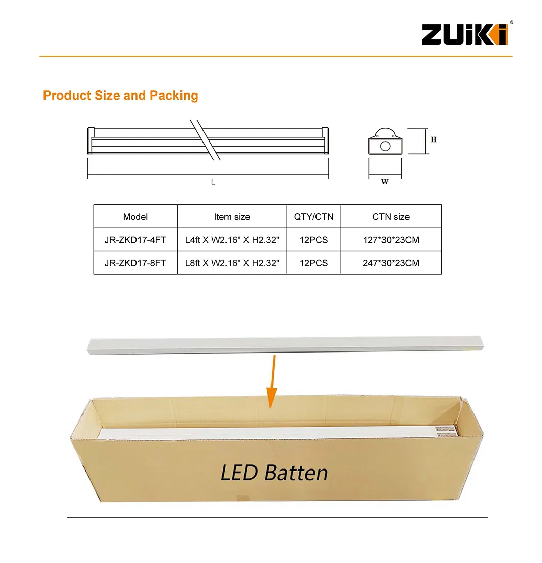 Luz de Batten LED Listada ETL com CCT Ajustável, Dimerizável e Sensor de Movimento