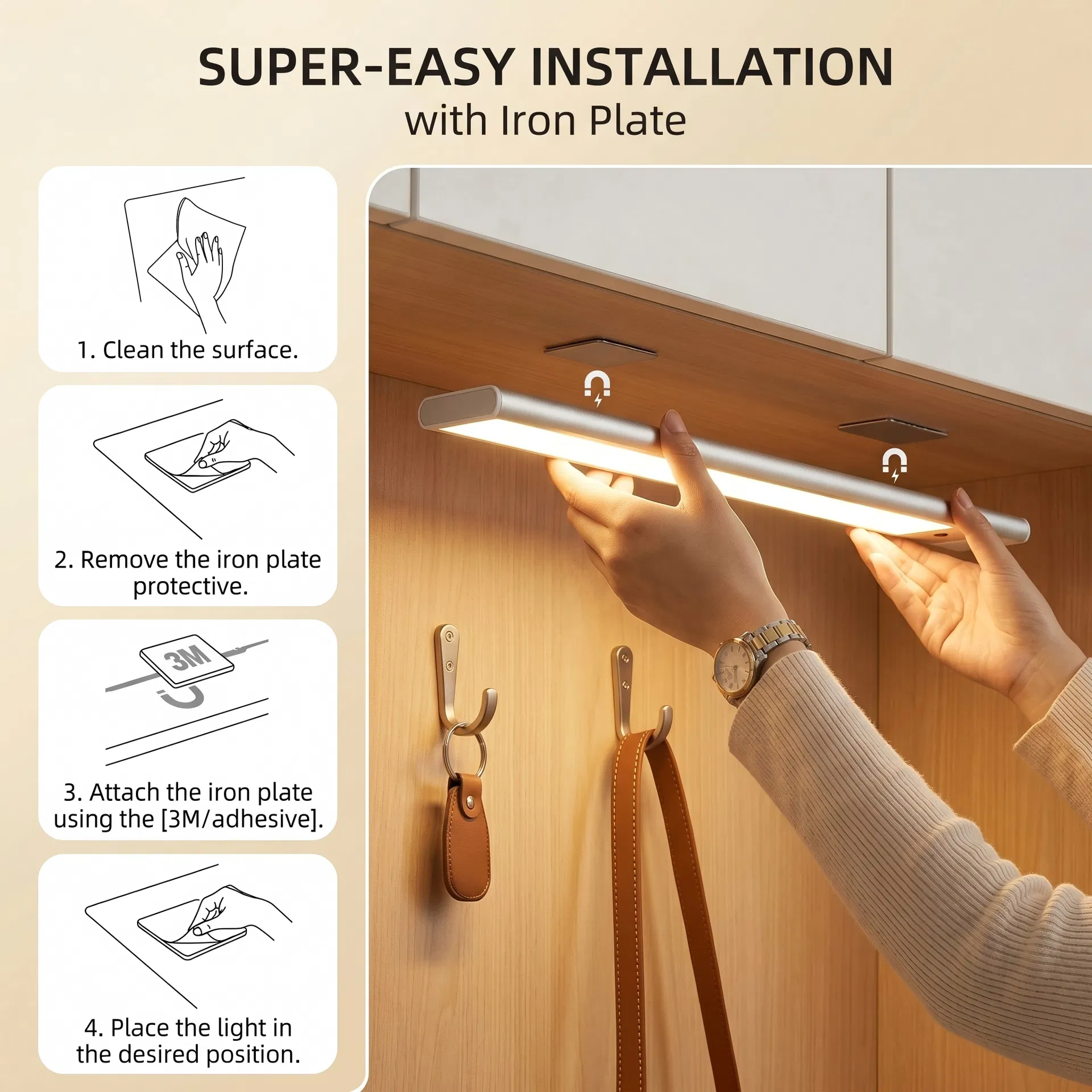 Iluminação de Armário Sob a Prateleira Dimmable LED com Sensor de Movimento Recarregável Colorido Ultra Fina para Cozinha 5V USB 5