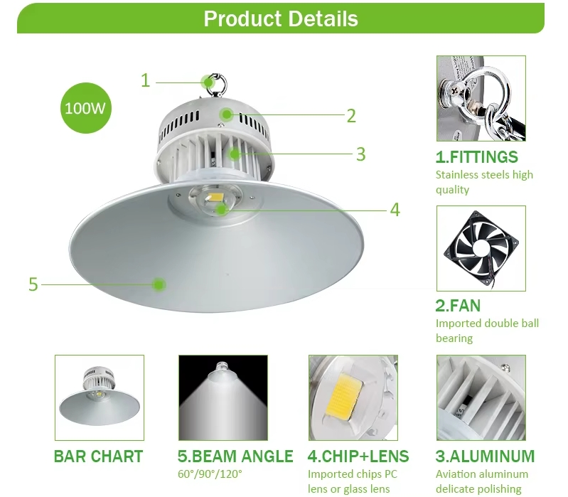 Oficina de Iluminação Industrial Comercial Luz LED de Alta Baía à Prova d'Água Alumínio para Ginásio Esportivo