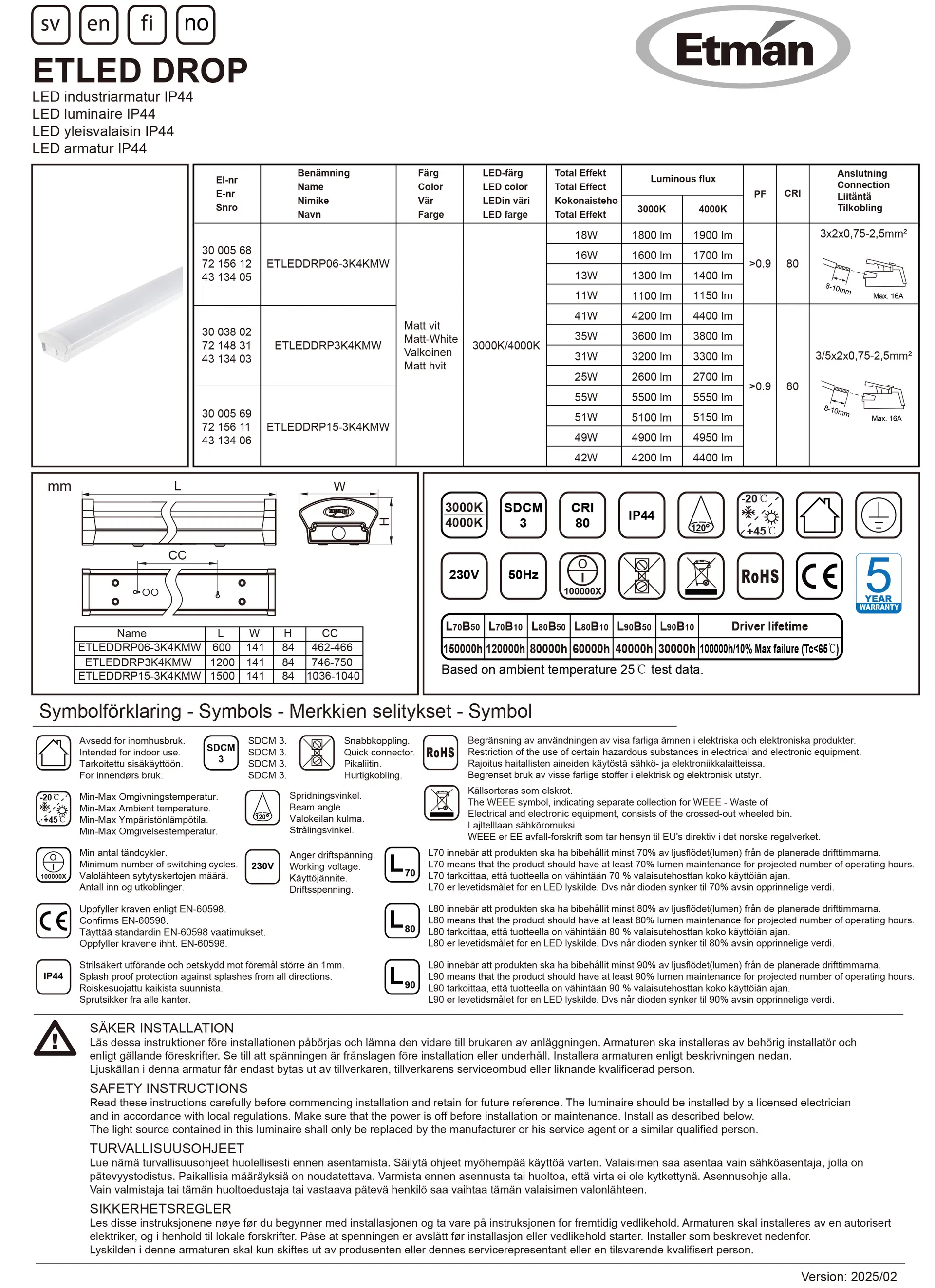 Especificações Técnicas Luminária