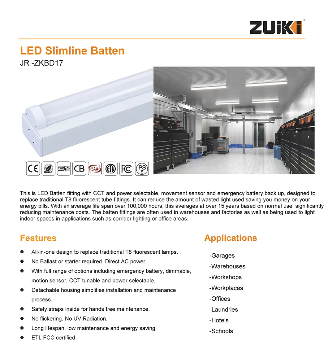 Luz de Batten LED Listada ETL com CCT Ajustável, Dimerizável e Sensor de Movimento