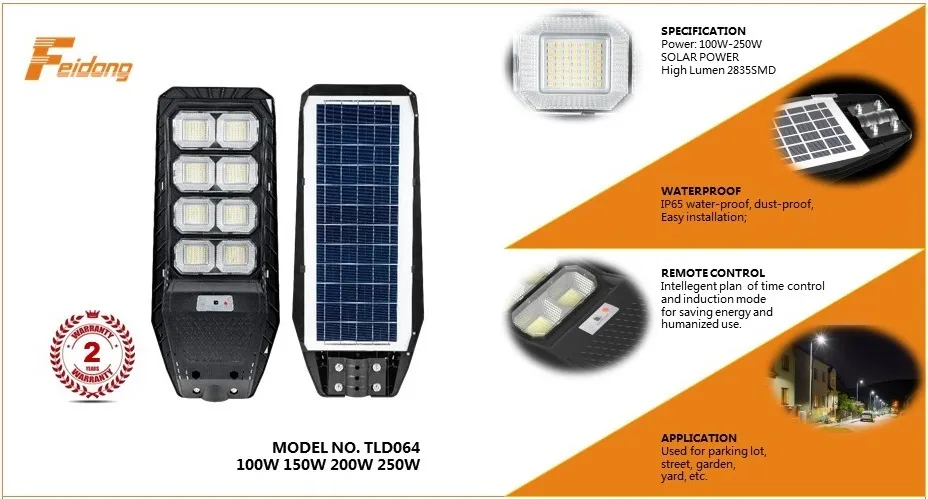 100W Lâmpada de Rua Solar Alta Luminância com Sensor de Movimento à Indução à Prova d'Água Luminária Integrada para Exterior Luzes de Rua LED Solar para Jardim