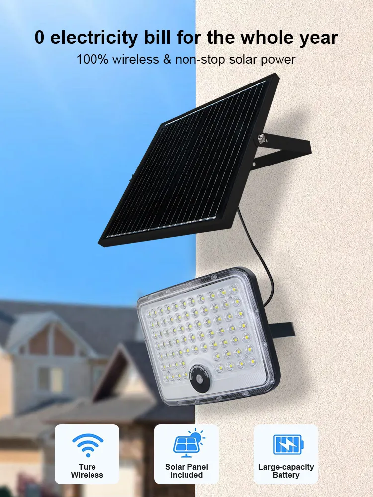 Produtos Mais Vendidos da Fábrica Luz Solar de Inundação LED Recarregável com Painel à Prova d'Água para Exterior com Sensor de Movimento