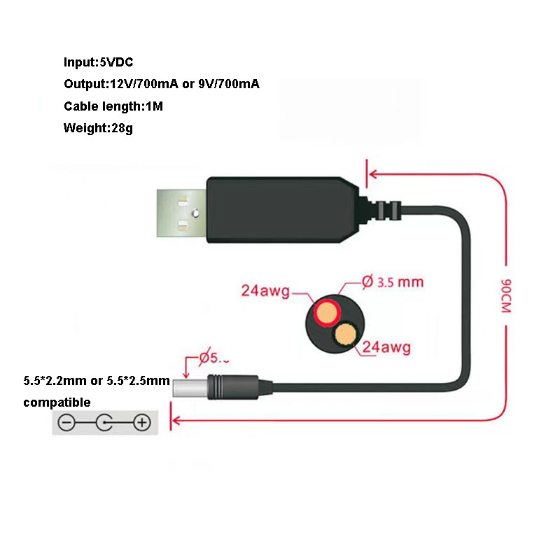 Water Proof 5V to 9v 12v Dc Dc Usb  boost Cable Power Converter with 5.5*2.1mm 5.5*2.5mm Dc Jack for Mini Fan