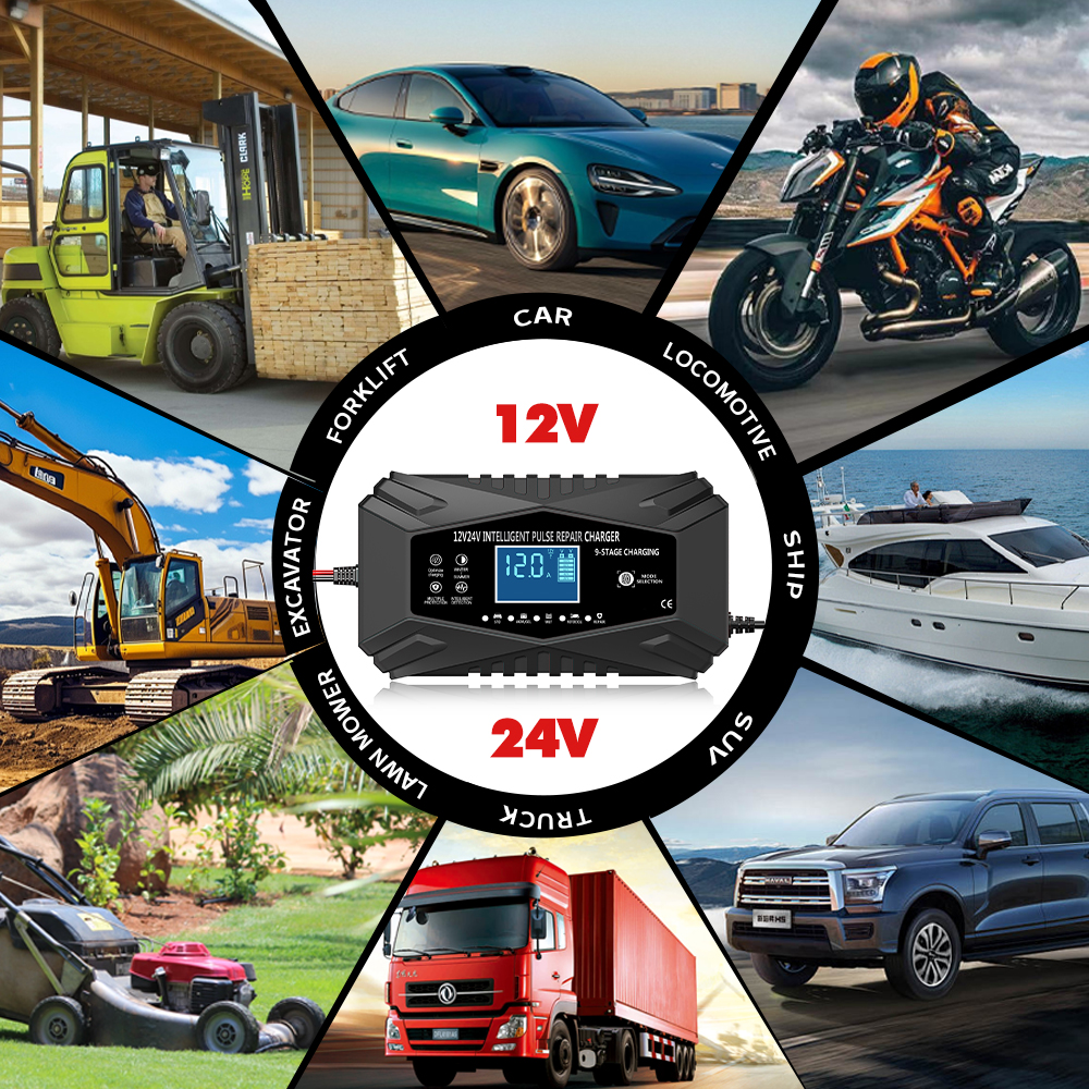 12V Industrial Automatic Pulse Repair Multi-Intelligent Battery Charger for Car Motorcycle Boat Truck Marine Scooter