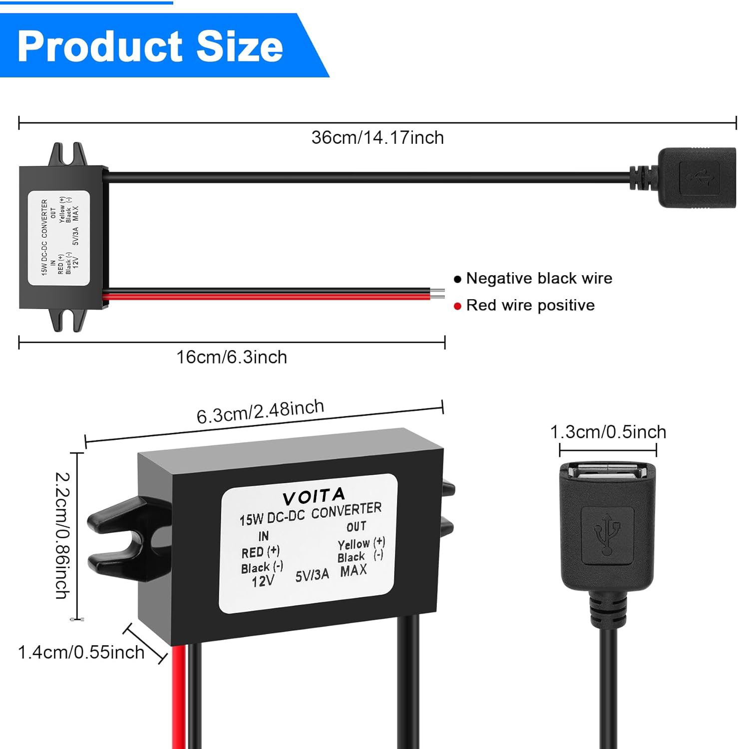 VOITA 12v to 5v 3A DC DC Converter Step Down Converter with Type C