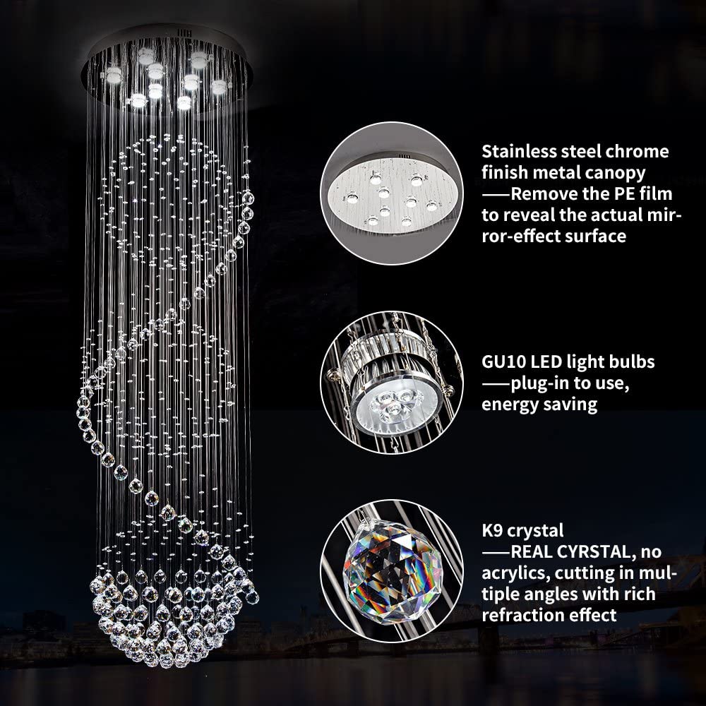 Modern Luxury Decorative Stairwell LED Rain Drop K9 Crystal Chandelier Pendant Light Cluster Hanging Lamp 150cm Height Customize