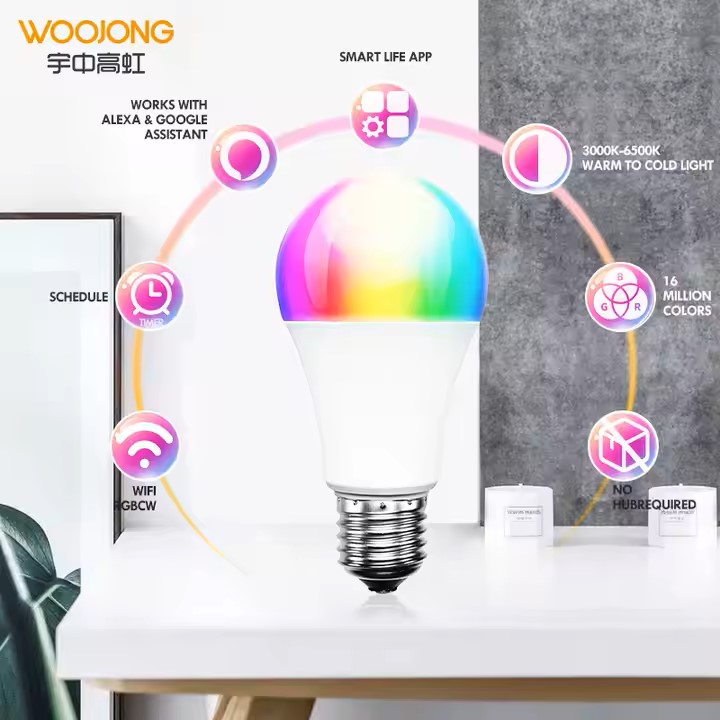 WOOJONG 7W/9W Smart Dimmable WiFi RGB+CW LED Light E27/B22 Remote Control CRI>80 IP20 AC Energy Star Certified 2-Year Warranty