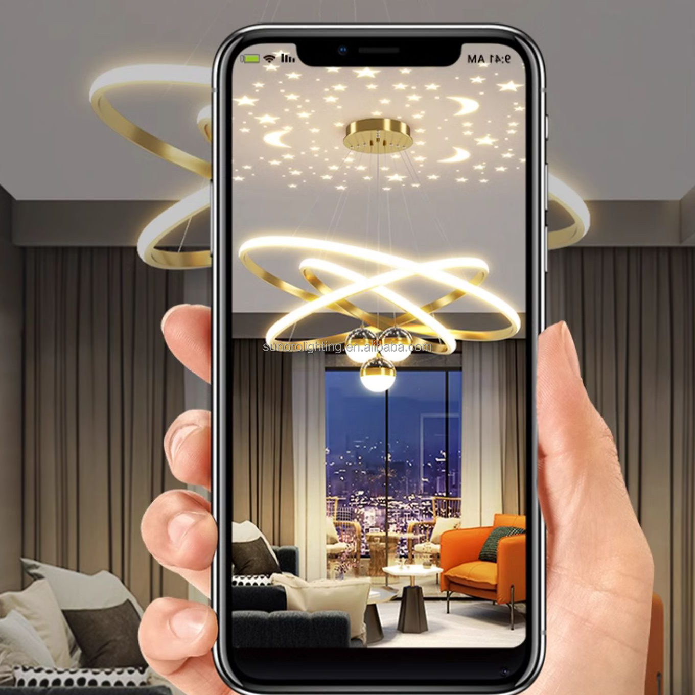 Modern Luxury Iron 85-265V Chandeliers Light 3 Rings 30 40 60cm+3 Bulbs with Moon and Stars Effect Dining Pendant Light for Home