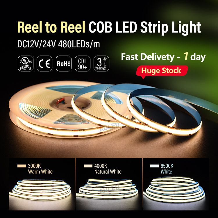 2700k 3000k 6500K Color Temperature 8mm Wide 480chips COB Strip Light Reel to Reel Flexible LED strip for indoor design