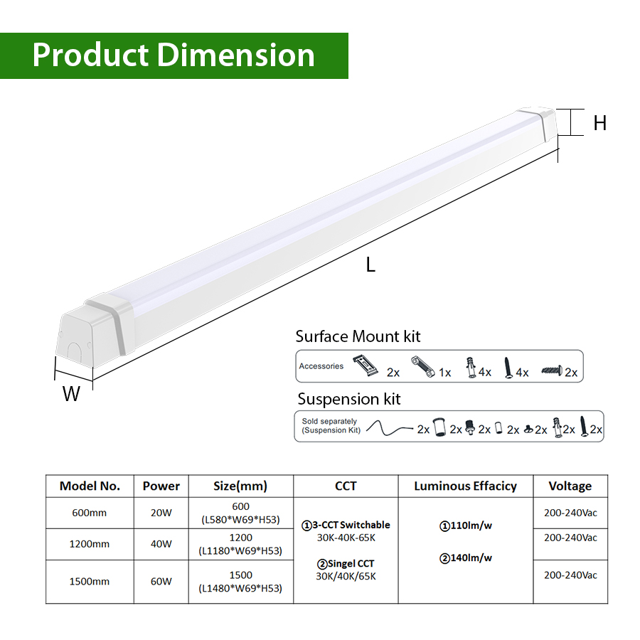 CGT 600mm 1200mm 1500mm Linkable LED IP65 Ceiling Light Fixture Cabinet Triproof Light 40W 60W Batten Tri-proof Light