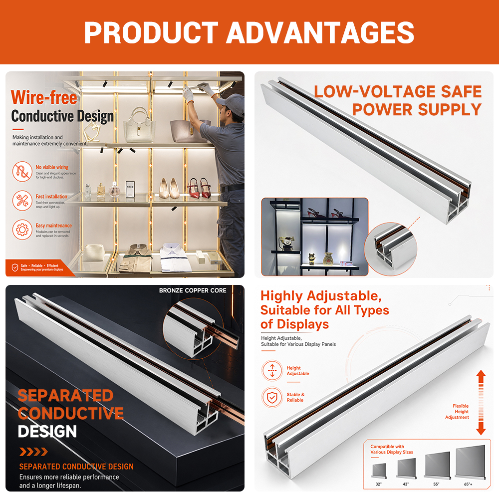 Low Voltage 12V 24V Wire Free Conductive LED Magnetic Track Rail Cabinet Light System For Retail Display Showcase