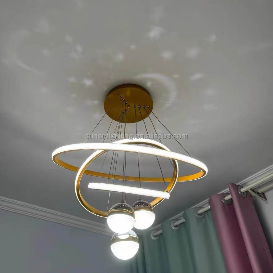 Modern Luxury Iron 85-265V Chandeliers Light 3 Rings 30 40 60cm+3 Bulbs with Moon and Stars Effect Dining Pendant Light for Home