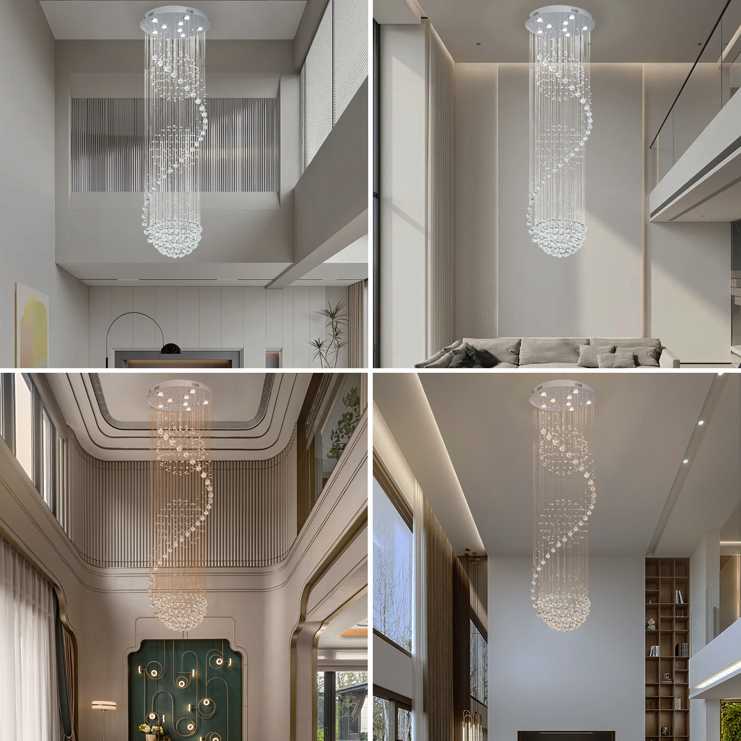 Modern Luxury Decorative Stairwell LED Rain Drop K9 Crystal Chandelier Pendant Light Cluster Hanging Lamp 150cm Height Customize