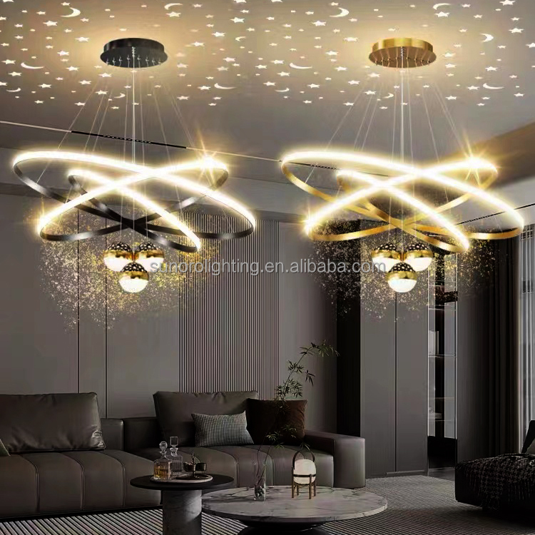 Modern Luxury Iron 85-265V Chandeliers Light 3 Rings 30 40 60cm+3 Bulbs with Moon and Stars Effect Dining Pendant Light for Home